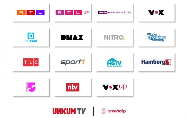 RTL, RTL up, Super RTL | primetime, VOX, RTLZWEI, DMAX, Nitro, Disney Channel, TLC, sport1, HGTV, Hamburg 1, Tele 5, ntv, VOX up UNICUM TV | smartclip